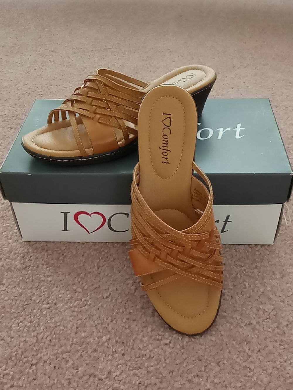 I❤️ Comfort Tan Woven Slip-On Wedge Sandals for Women